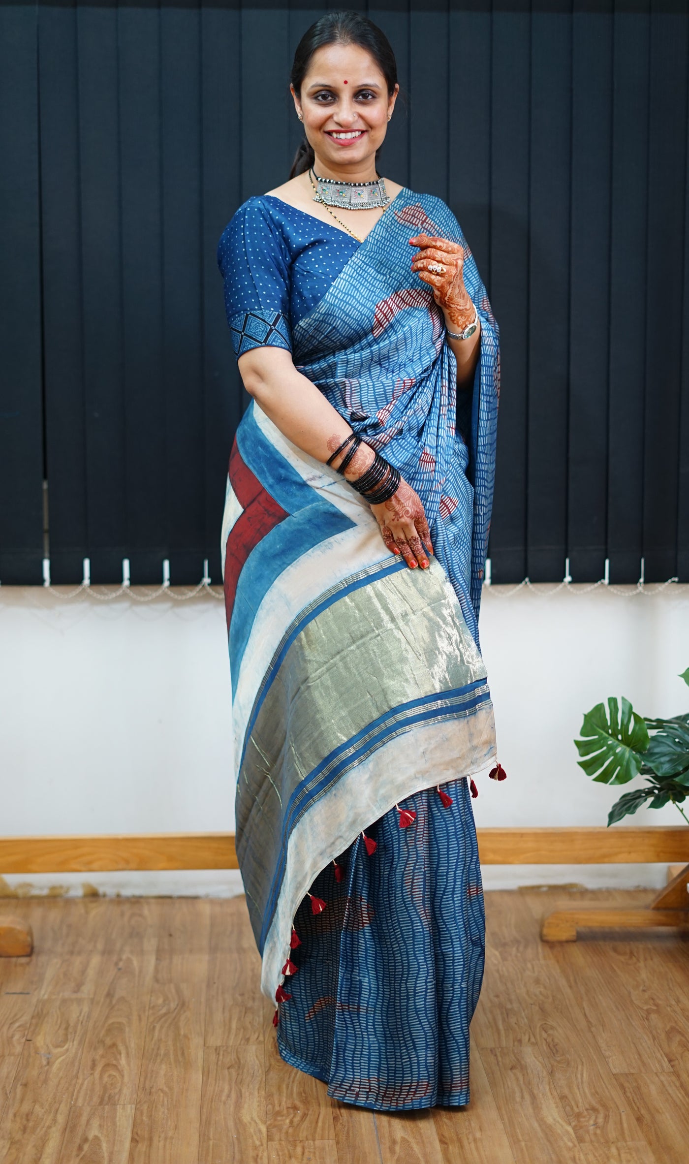 NARAYANI: Handblock Modal Silk Tissue Ajrakh Saree