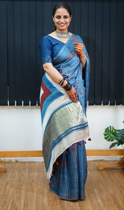 NARAYANI: Handblock Modal Silk Tissue Ajrakh Saree