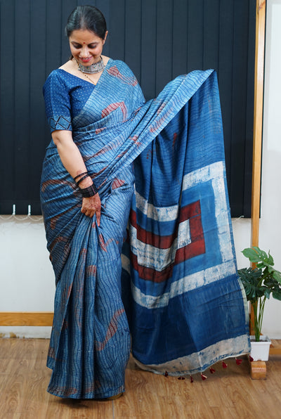 NARAYANI: Handblock Modal Silk Tissue Ajrakh Saree