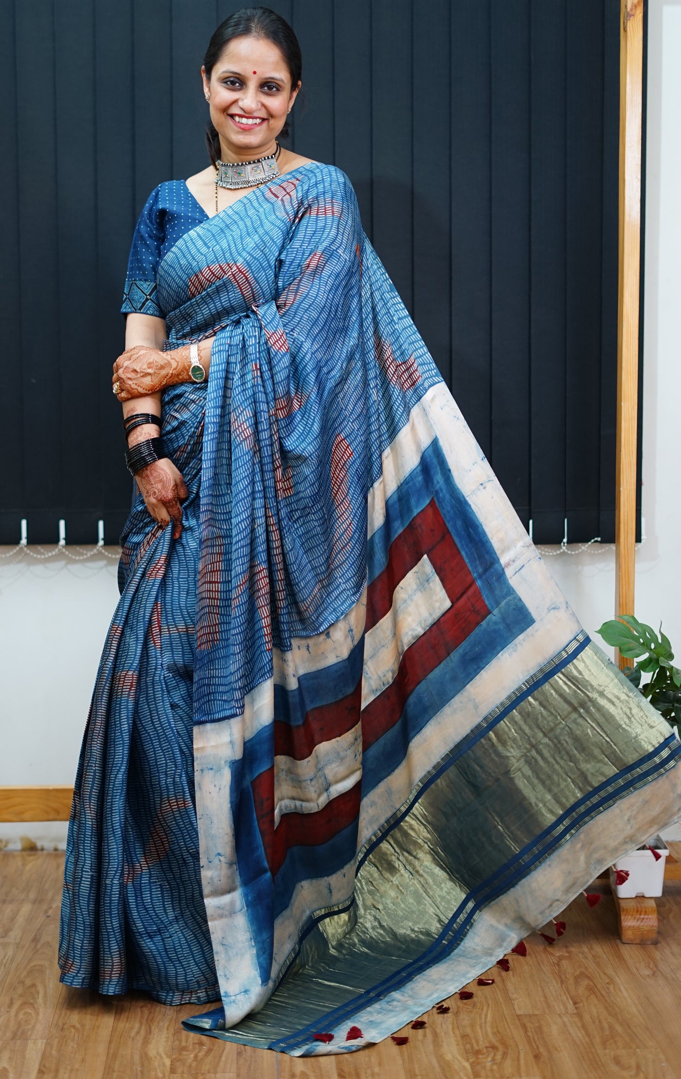 NARAYANI: Handblock Modal Silk Tissue Ajrakh Saree