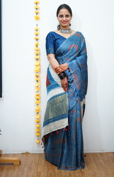 NARAYANI: Handblock Modal Silk Tissue Ajrakh Saree