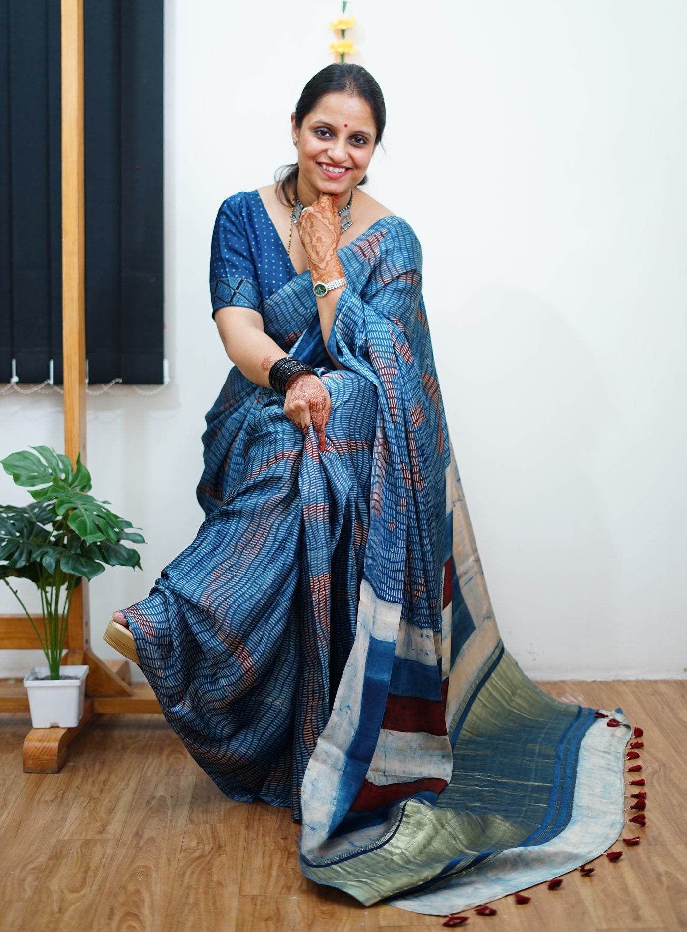 NARAYANI: Handblock Modal Silk Tissue Ajrakh Saree