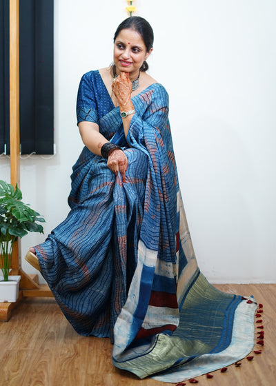 NARAYANI: Handblock Modal Silk Tissue Ajrakh Saree