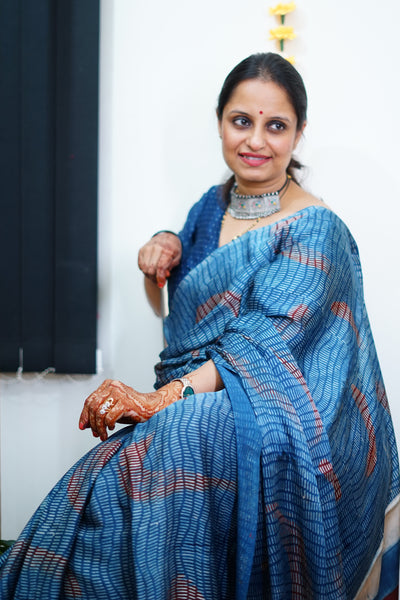 NARAYANI: Handblock Modal Silk Tissue Ajrakh Saree