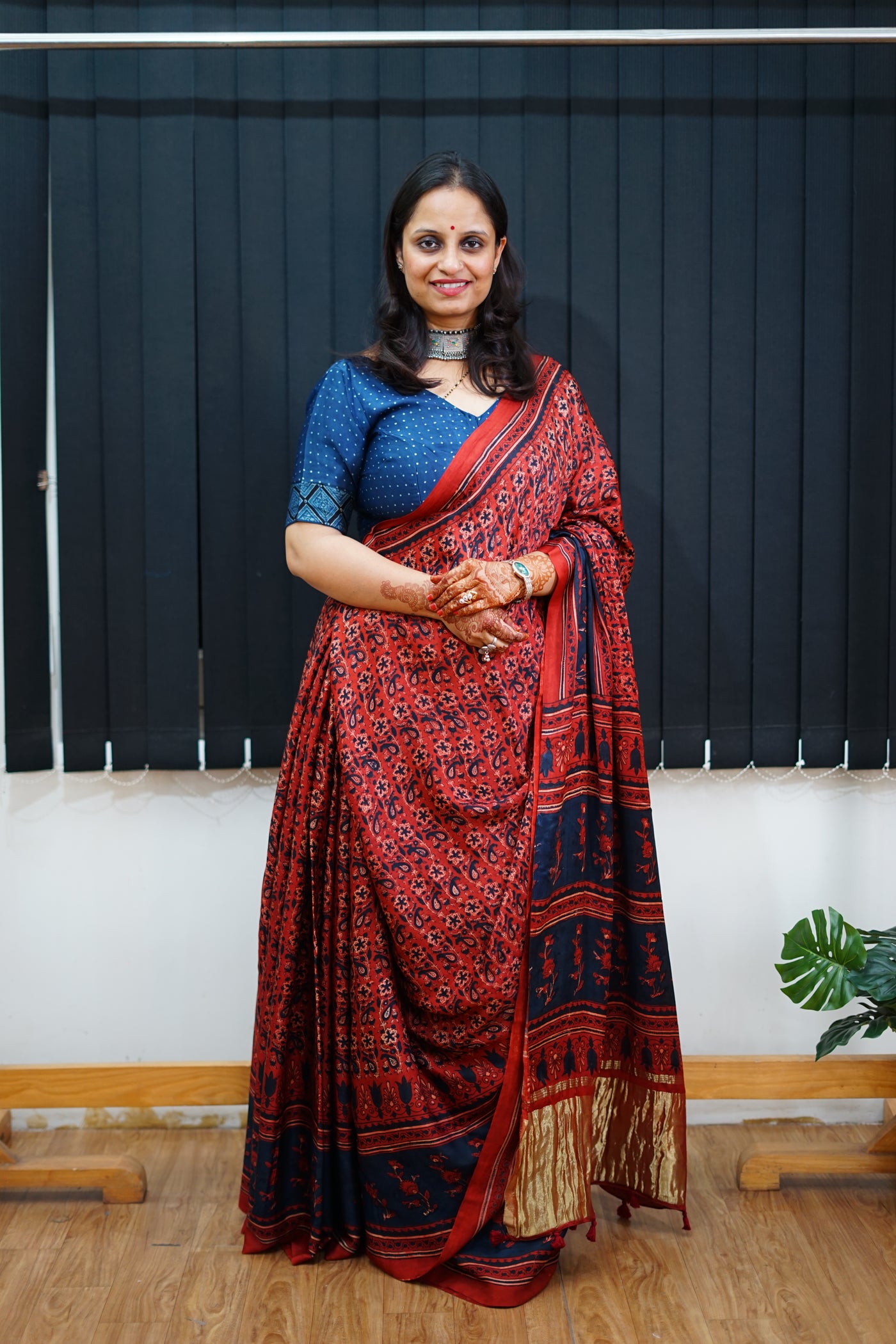 NANDA: Handblock Modal Silk Tissue Ajrakh Saree