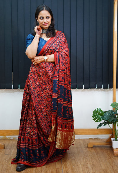 NANDA: Handblock Modal Silk Tissue Ajrakh Saree