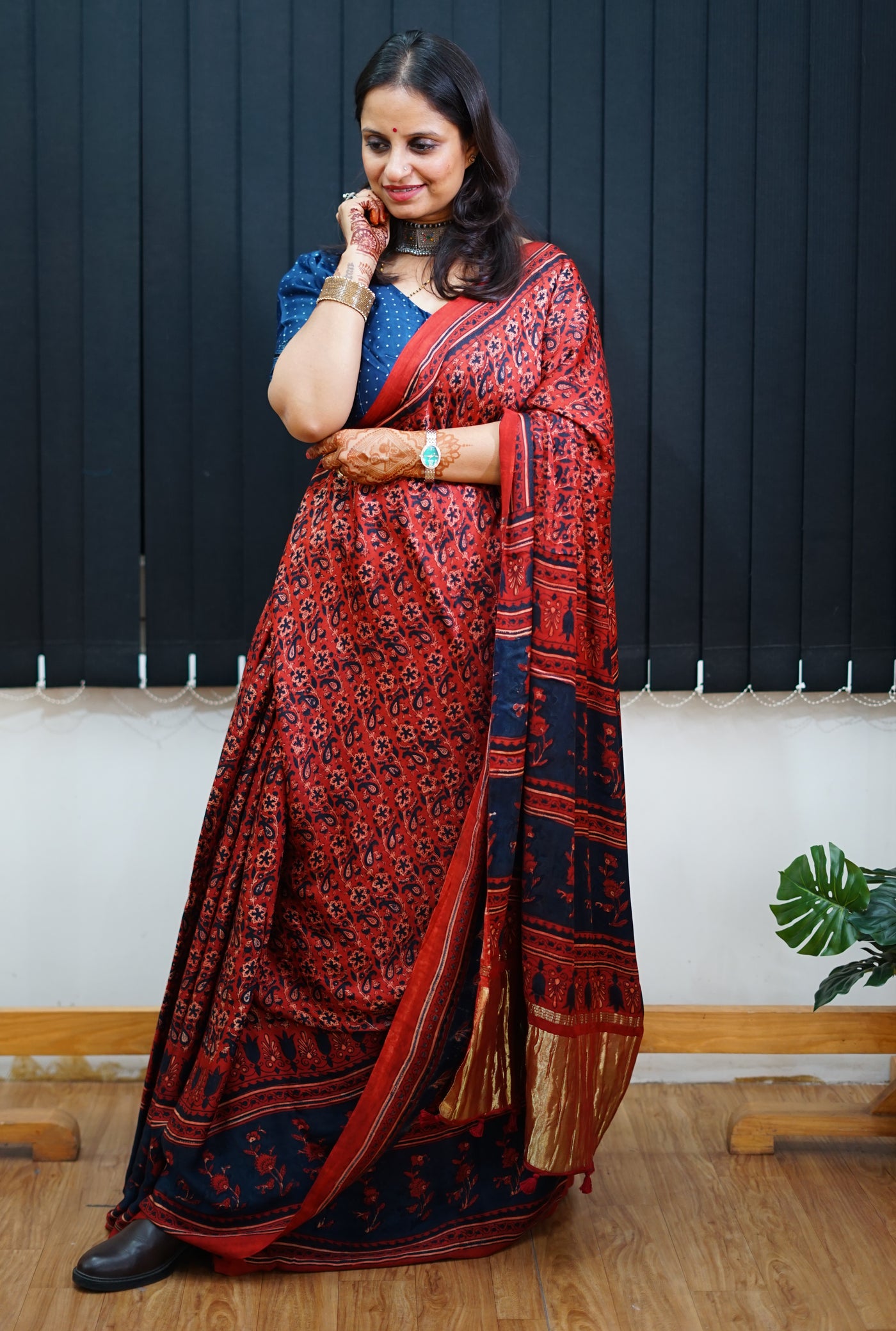 NANDA: Handblock Modal Silk Tissue Ajrakh Saree