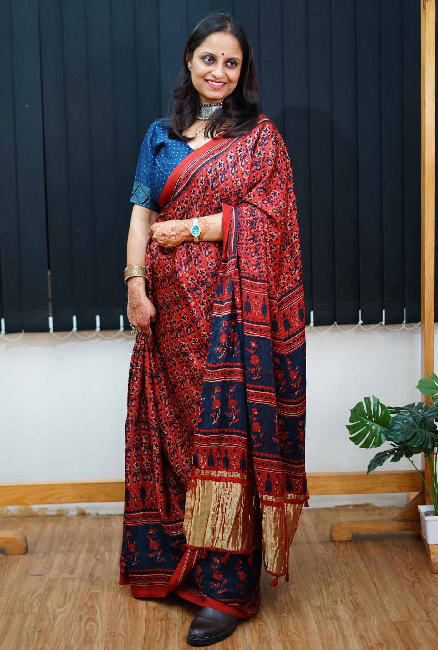 NANDA: Handblock Modal Silk Tissue Ajrakh Saree