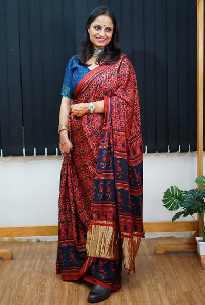 NANDA: Handblock Modal Silk Tissue Ajrakh Saree