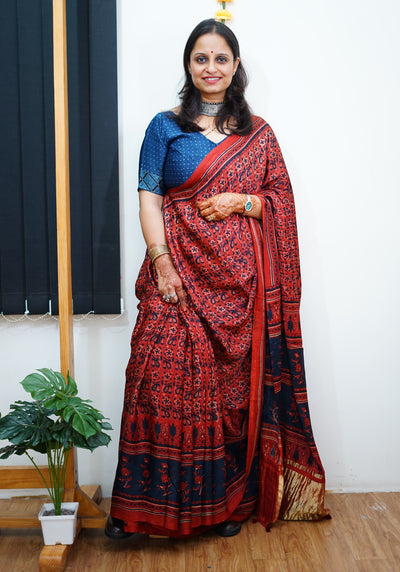 NANDA: Handblock Modal Silk Tissue Ajrakh Saree