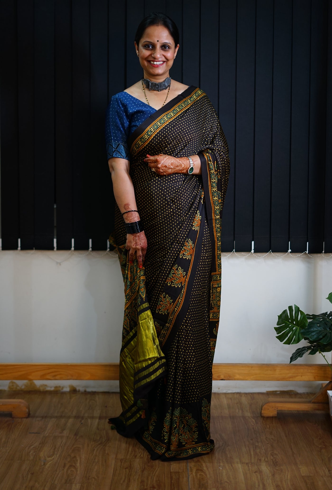 TARA: Handblock Modal Silk Tissue Ajrakh Saree