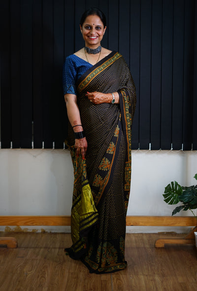 TARA: Handblock Modal Silk Tissue Ajrakh Saree