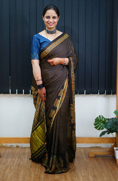 TARA: Handblock Modal Silk Tissue Ajrakh Saree