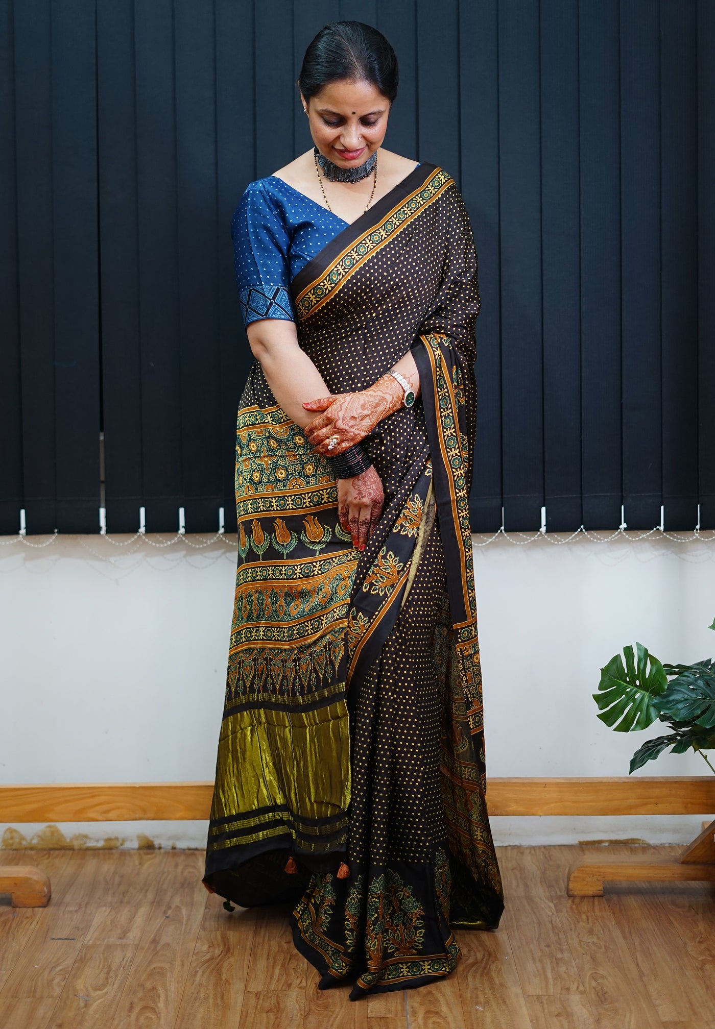 TARA: Handblock Modal Silk Tissue Ajrakh Saree