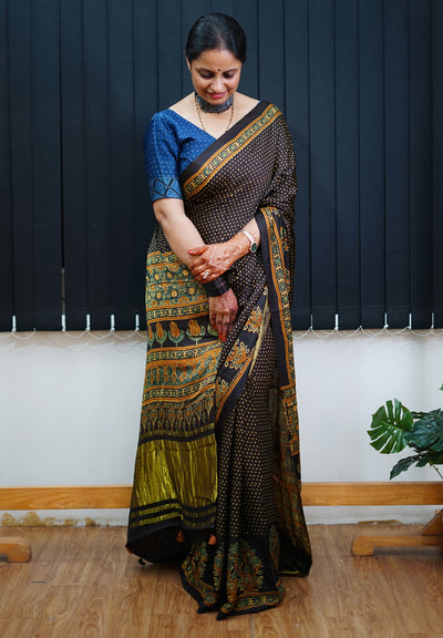 TARA: Handblock Modal Silk Tissue Ajrakh Saree