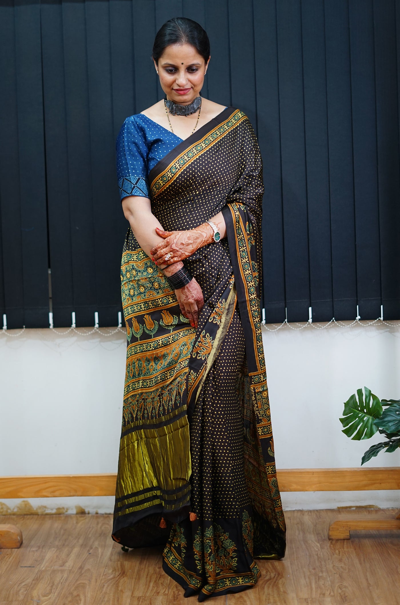 TARA: Handblock Modal Silk Tissue Ajrakh Saree
