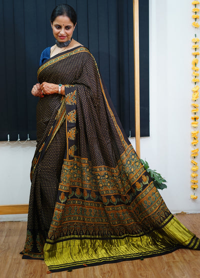 TARA: Handblock Modal Silk Tissue Ajrakh Saree