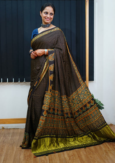 TARA: Handblock Modal Silk Tissue Ajrakh Saree