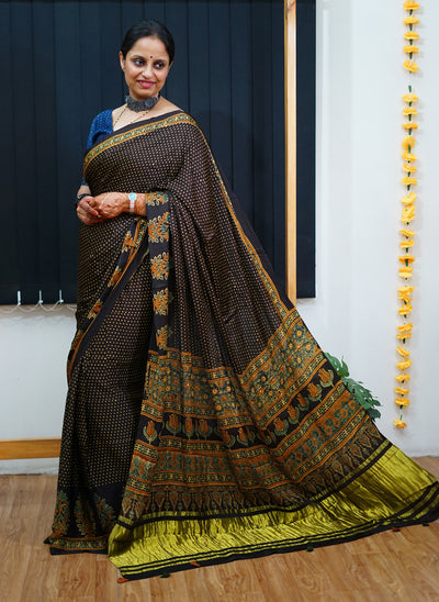 TARA: Handblock Modal Silk Tissue Ajrakh Saree