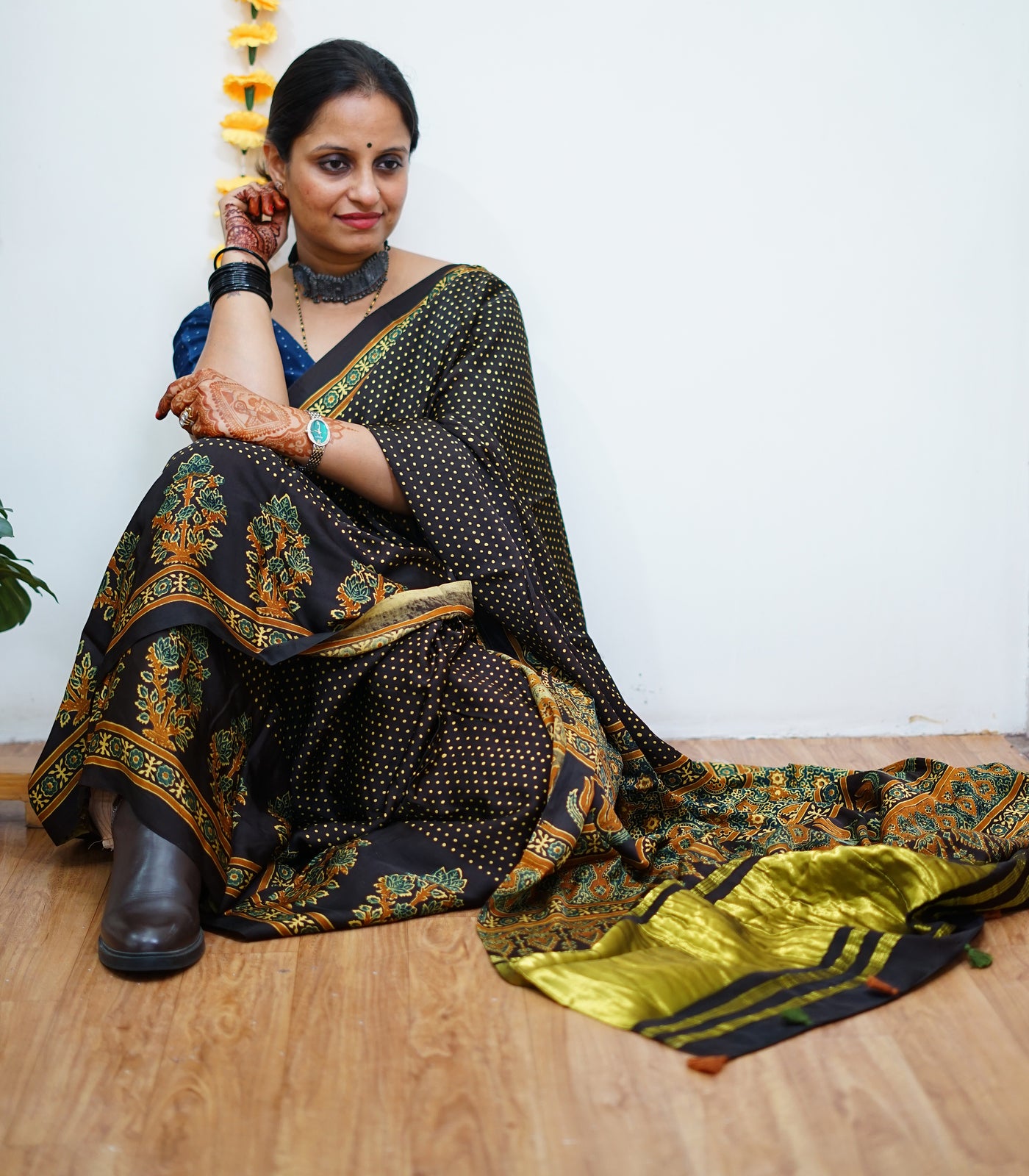TARA: Handblock Modal Silk Tissue Ajrakh Saree