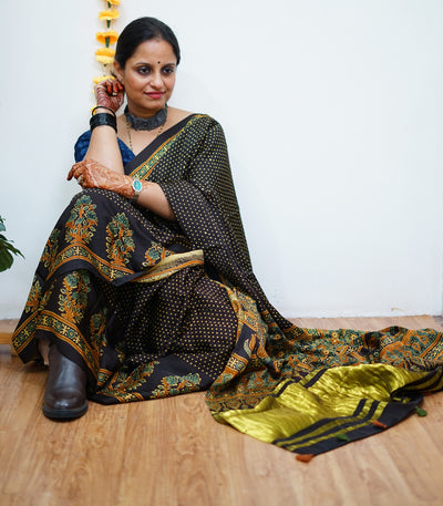 TARA: Handblock Modal Silk Tissue Ajrakh Saree