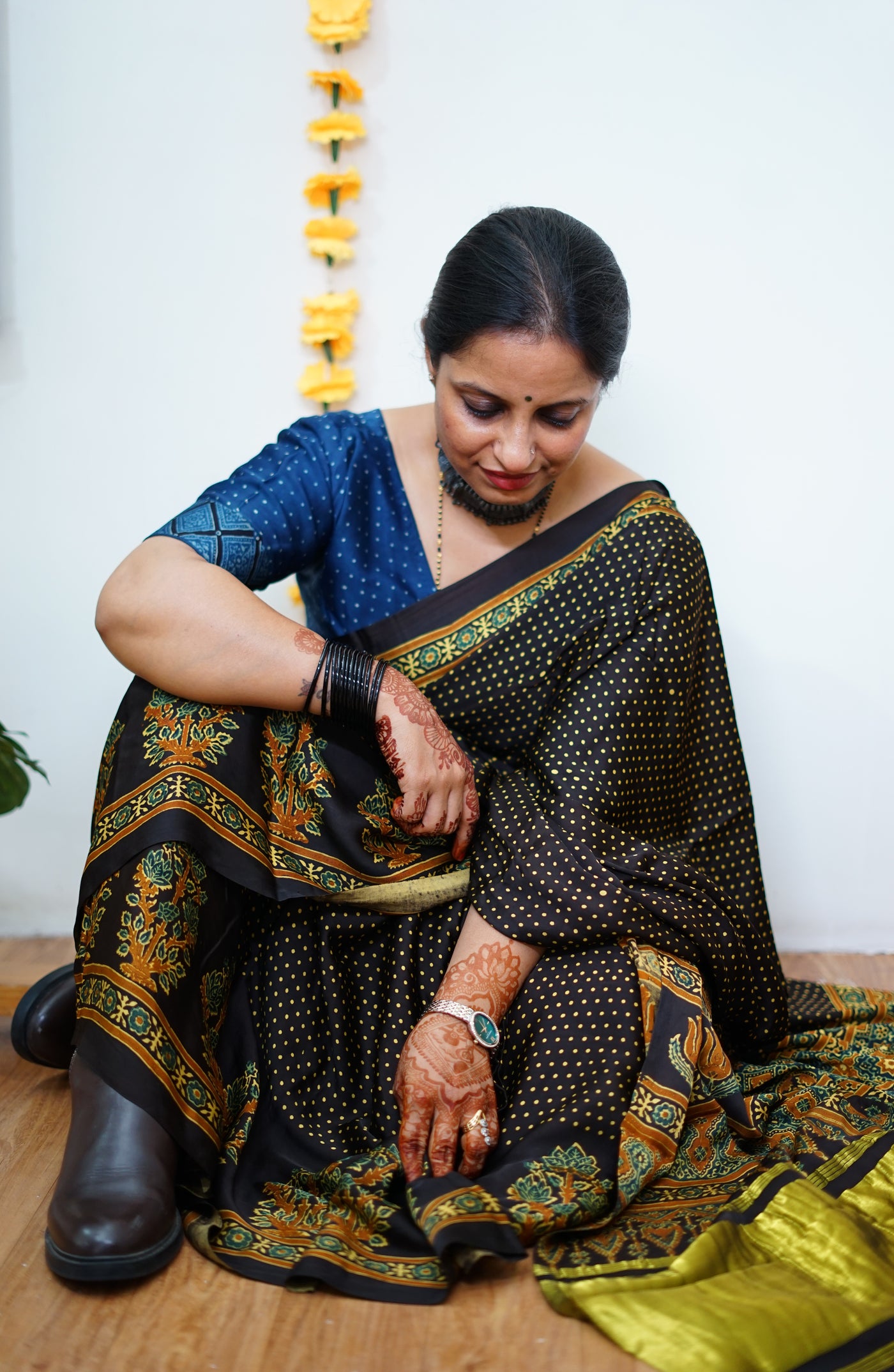 TARA: Handblock Modal Silk Tissue Ajrakh Saree