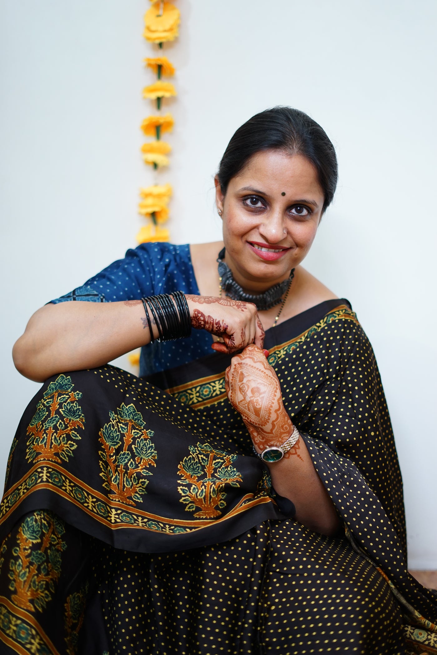 TARA: Handblock Modal Silk Tissue Ajrakh Saree