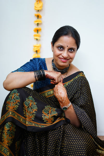 TARA: Handblock Modal Silk Tissue Ajrakh Saree