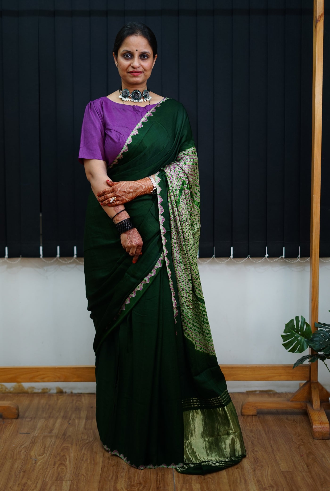AANGARE: BOTTLE GREEN Handmade Modal Silk Saree with Tissue Pallu