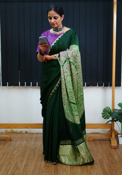 AANGARE: BOTTLE GREEN Handmade Modal Silk Saree with Tissue Pallu