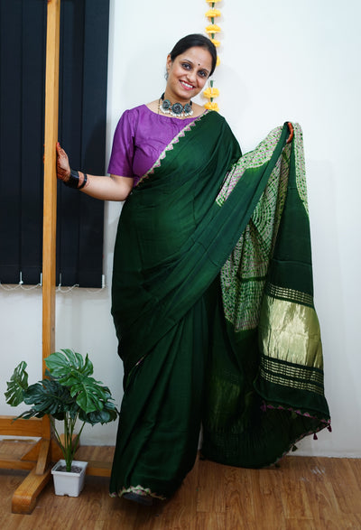 AANGARE: BOTTLE GREEN Handmade Modal Silk Saree with Tissue Pallu