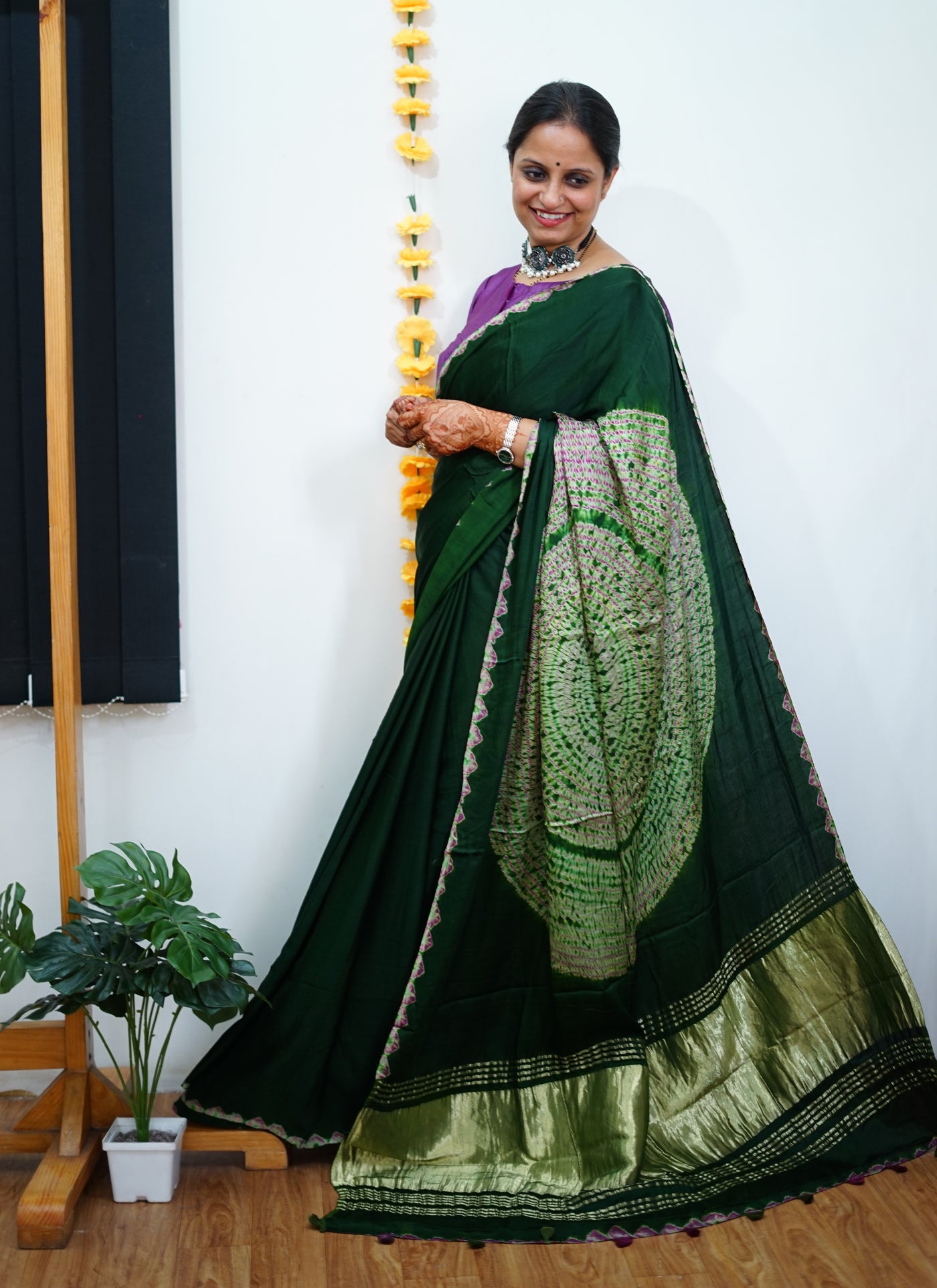 AANGARE: BOTTLE GREEN Handmade Modal Silk Saree with Tissue Pallu
