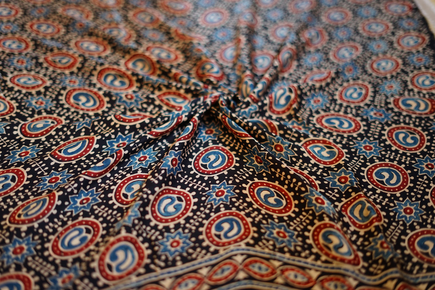 SAYANI: Handblock Modal Silk Tissue Ajrakh Saree