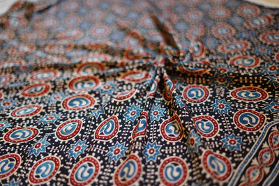 SAYANI: Handblock Modal Silk Tissue Ajrakh Saree