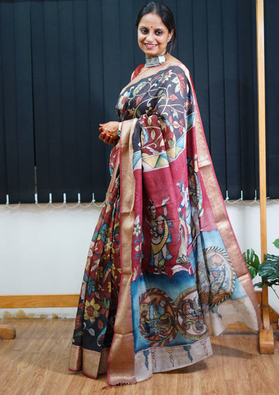 SUNAINA : Handloom Maheshwari Pen Kalamkari Saree