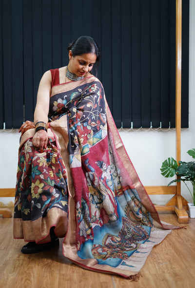 SUNAINA : Handloom Maheshwari Pen Kalamkari Saree