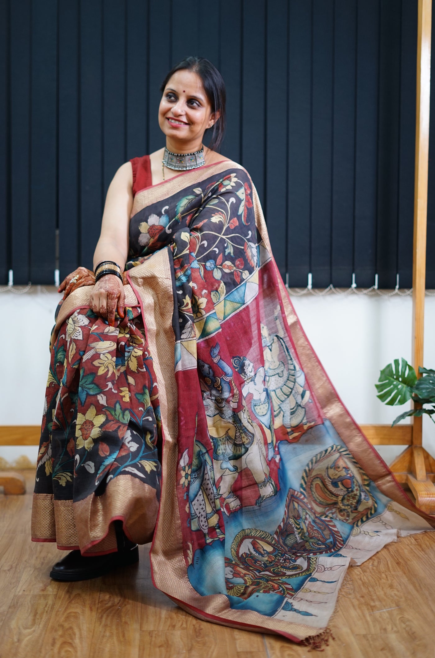 SUNAINA : Handloom Maheshwari Pen Kalamkari Saree