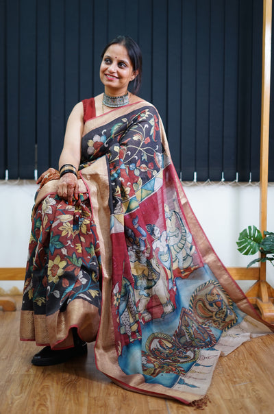 SUNAINA : Handloom Maheshwari Pen Kalamkari Saree