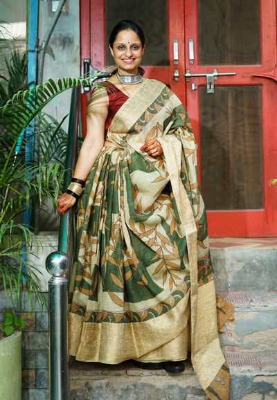 NAVJYOTI:HAND DRAWN, HAND PAINTED PURE SILK-LINEN PEN KALAMKARI SAREE with meenakari border