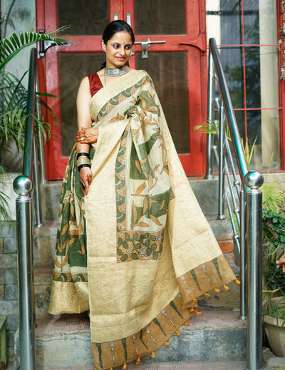 NAVJYOTI:HAND DRAWN, HAND PAINTED PURE SILK-LINEN PEN KALAMKARI SAREE with meenakari border