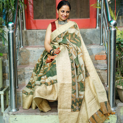 NAVJYOTI:HAND DRAWN, HAND PAINTED PURE SILK-LINEN PEN KALAMKARI SAREE with meenakari border