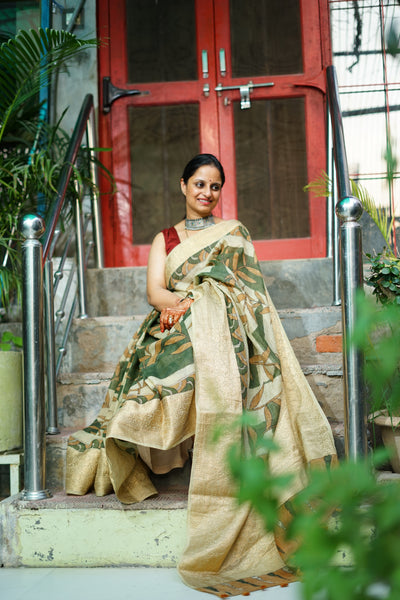 NAVJYOTI:HAND DRAWN, HAND PAINTED PURE SILK-LINEN PEN KALAMKARI SAREE with meenakari border
