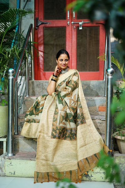 NAVJYOTI:HAND DRAWN, HAND PAINTED PURE SILK-LINEN PEN KALAMKARI SAREE with meenakari border