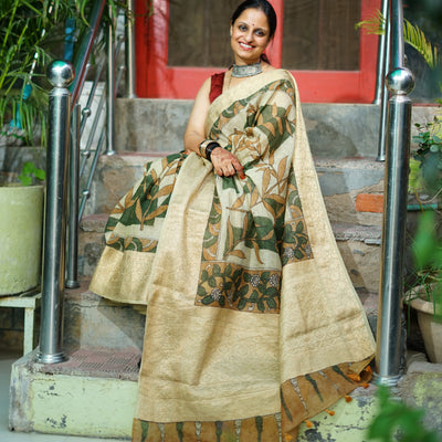 NAVJYOTI:HAND DRAWN, HAND PAINTED PURE SILK-LINEN PEN KALAMKARI SAREE with meenakari border