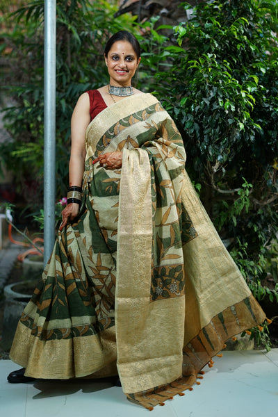 NAVJYOTI:HAND DRAWN, HAND PAINTED PURE SILK-LINEN PEN KALAMKARI SAREE with meenakari border