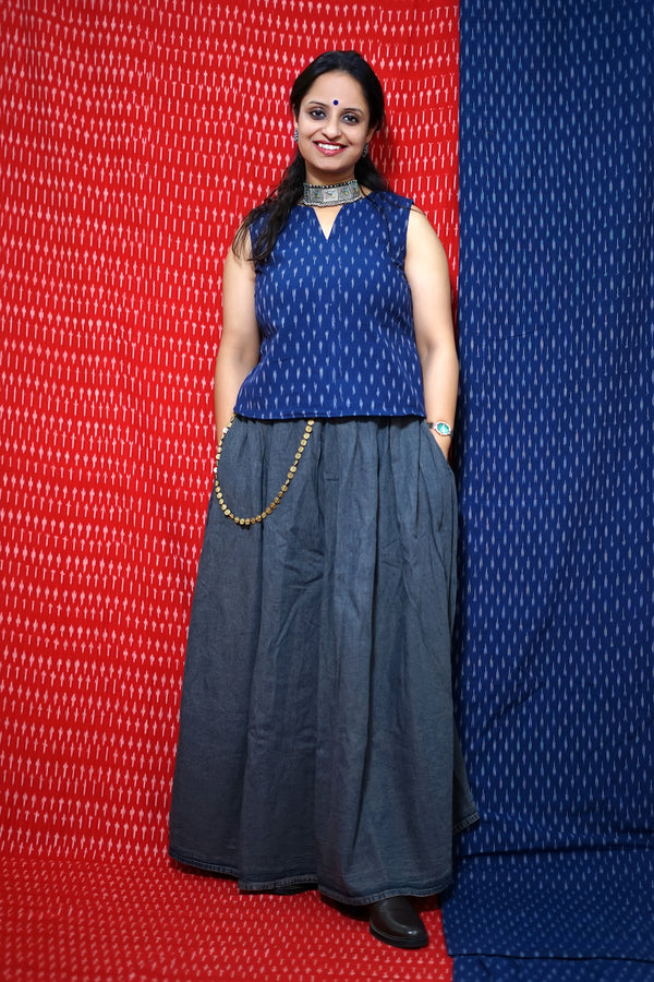 HAZEL: MANDARIN NECK SLEEVLESS HANDLOOM IKAT COTTON TOP