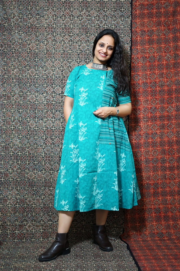 IRIS:   HANDBLOCK BAGRU MULMUL COTTON DRESS