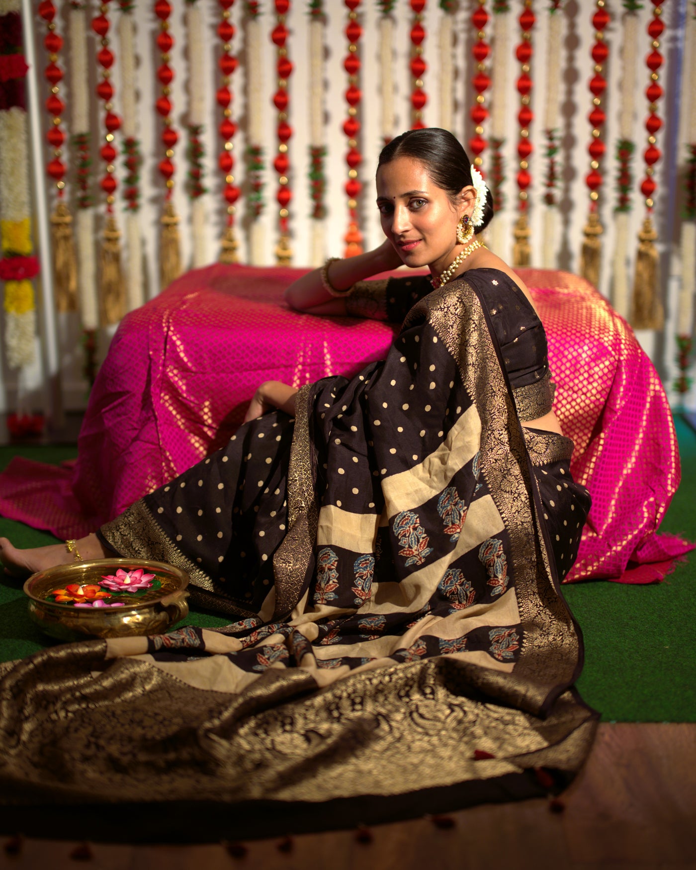 Bindu:Handblock Ajrakh Dola Silk Ajrakh Saree with Meenakari Pallu