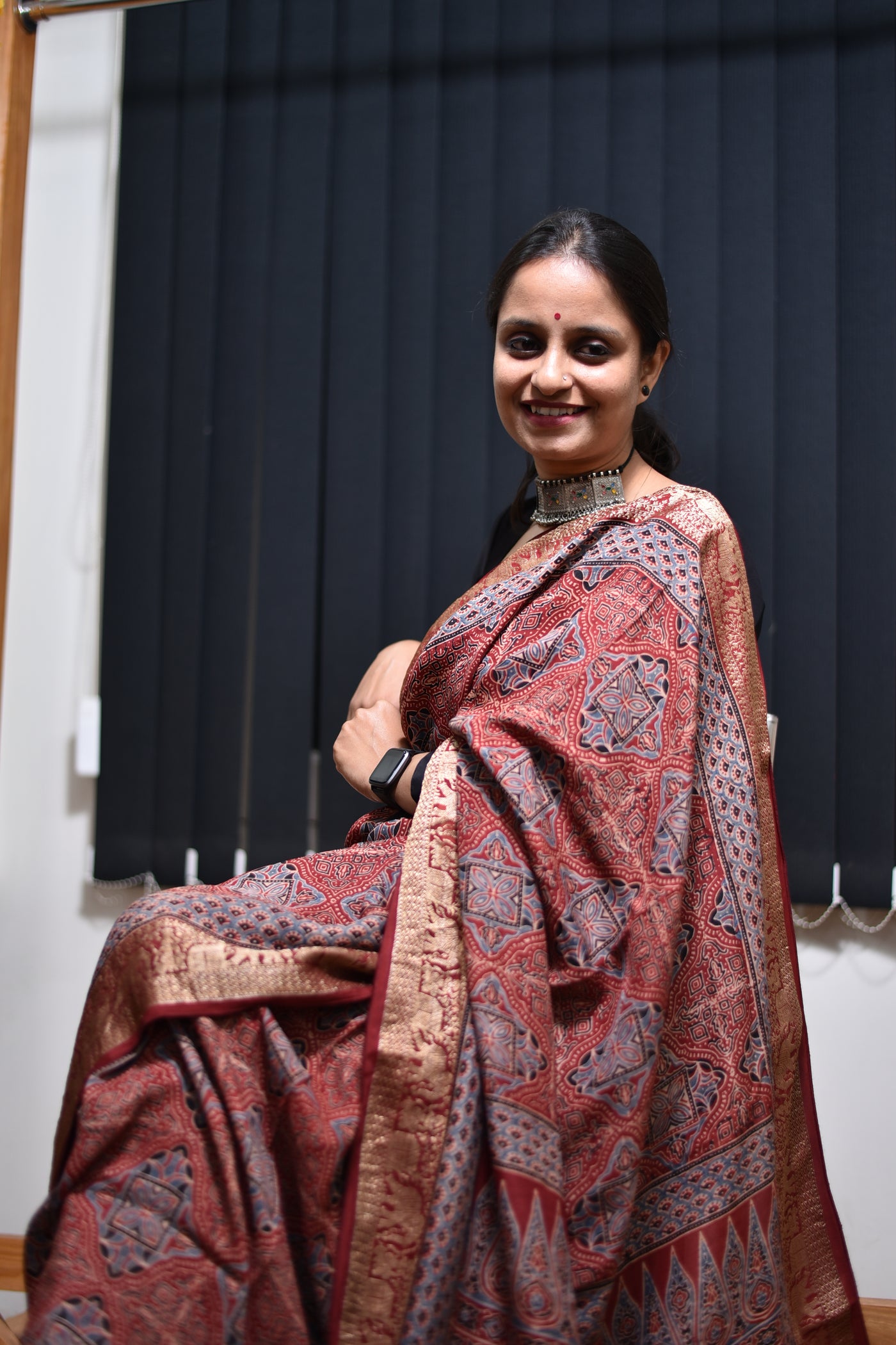 Chitra:Premium Dola Silk Meenakari Pallu Ajrakh Saree
