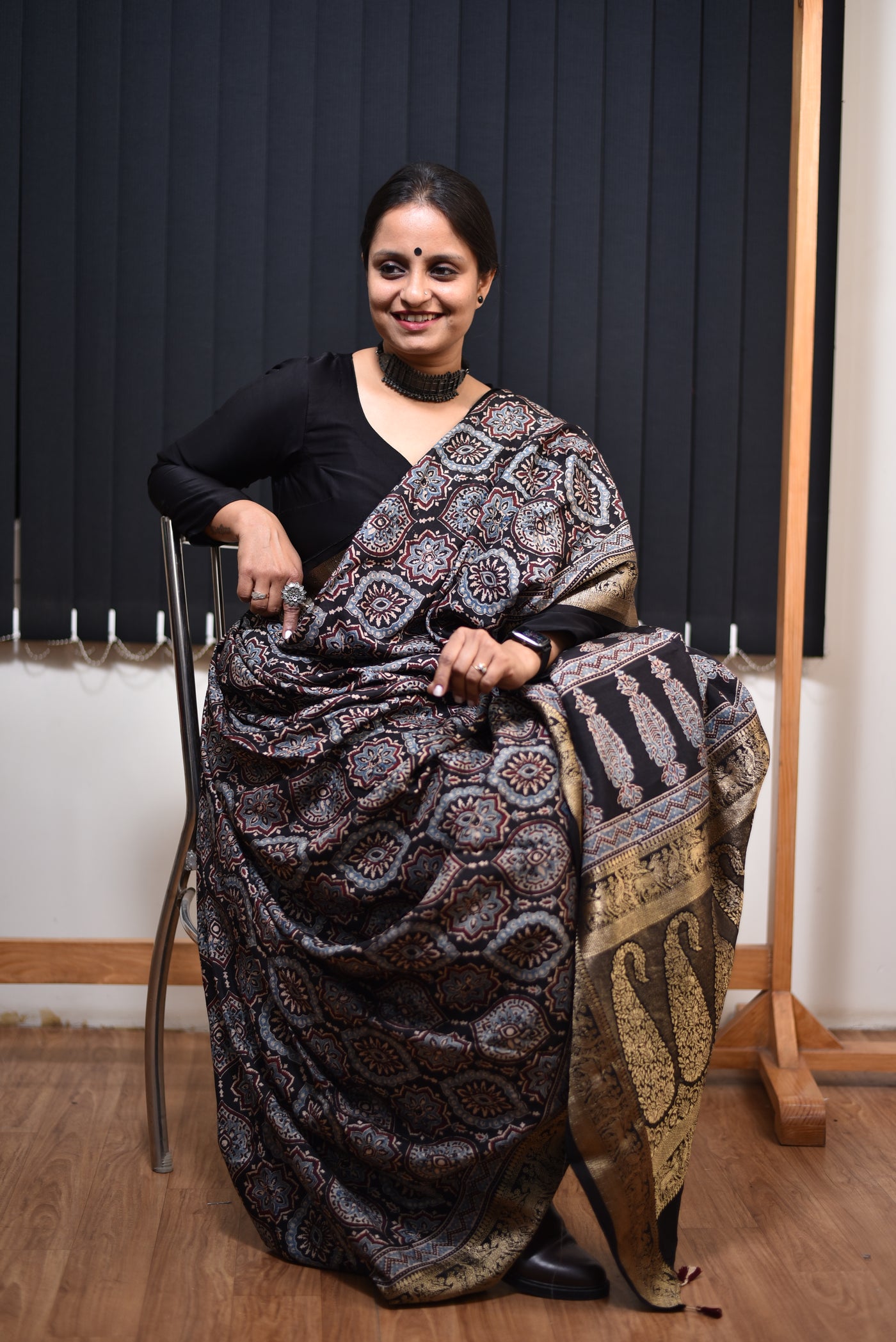 EHSAAS:BLACK,HANDBLOCK AJRAKH DOLA SILK SAREE WITH MEENAKARI PALLU